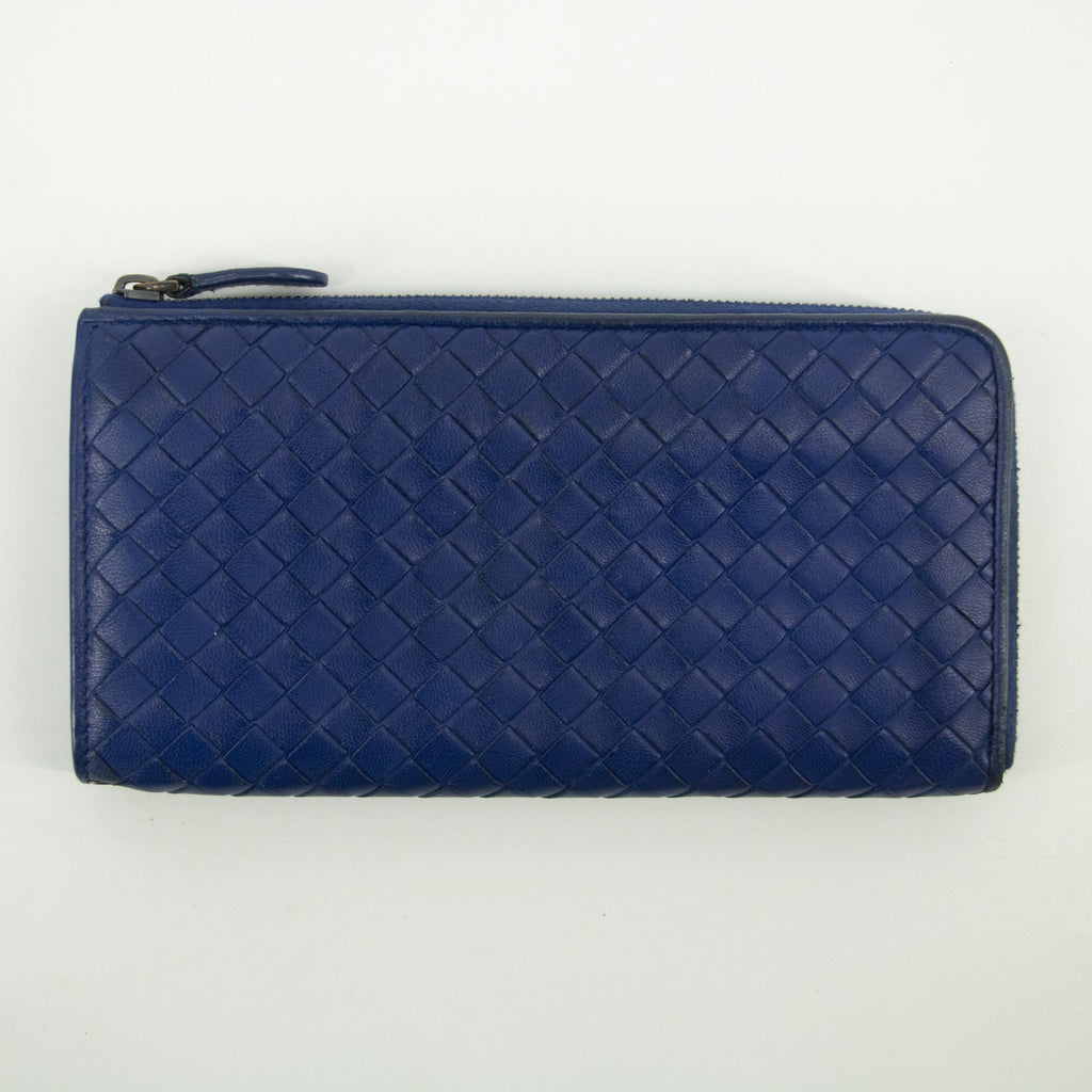 Bottega Veneta Blue Intrecciato Leather L-shaped Zipper Long Wallet #2397