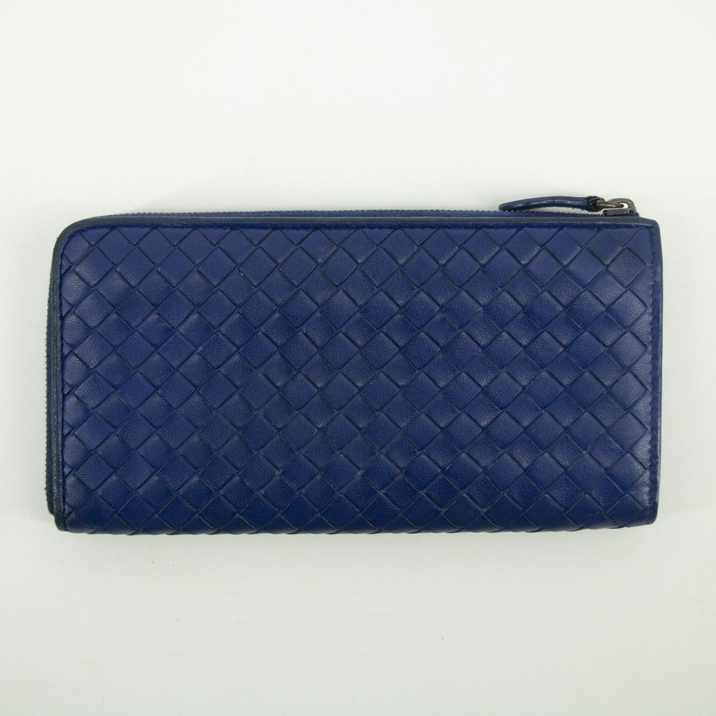Bottega Veneta Blue Intrecciato Leather L-shaped Zipper Long Wallet #2397