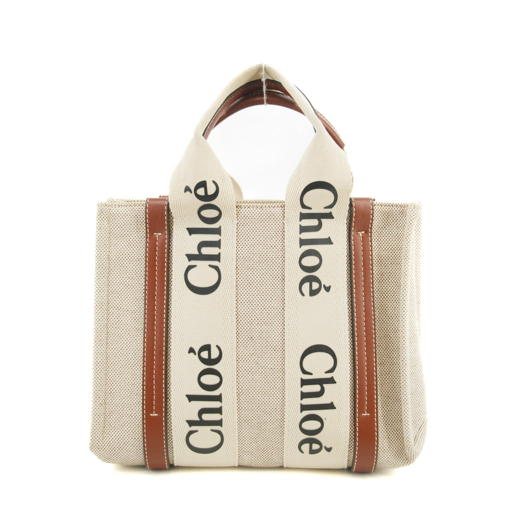 Chloe Woody Small Canvas &amp; Leather 2 Way Handbag Beige x Brown #2695