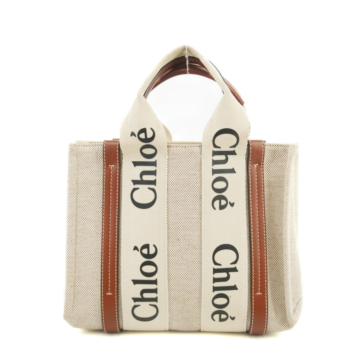 Chloe Woody Small Canvas &amp; Leather 2 Way Handbag Beige x Brown #2695