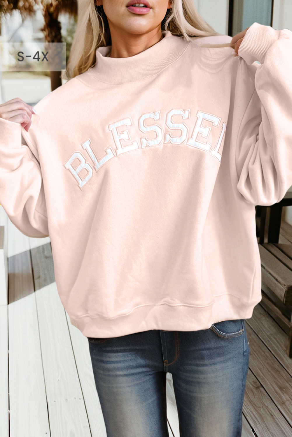 66 Plus Size Blessed Embroidered Mock Neck Sweatshirt (S-4X)