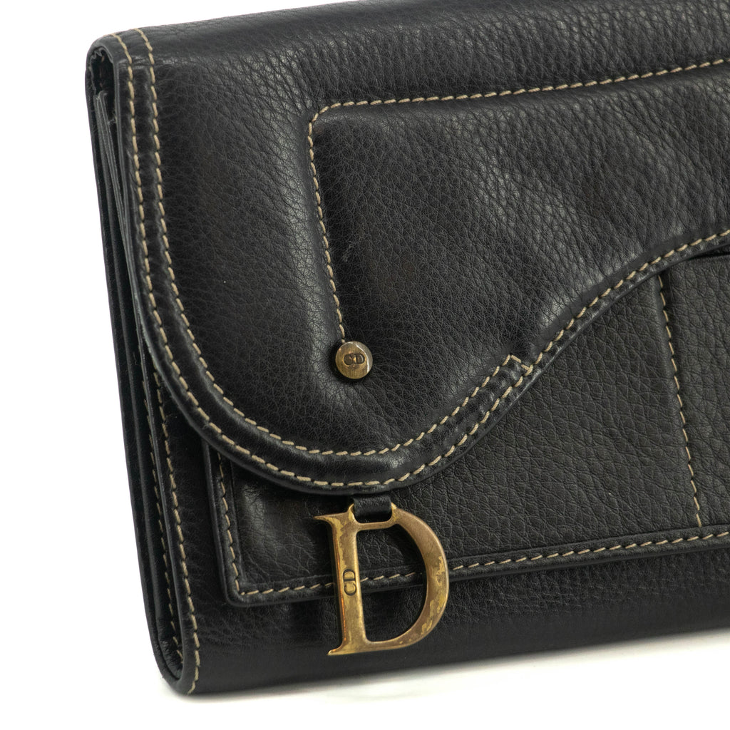 Christian Dior Saddle Black Leather Long Trifold Wallet #3690