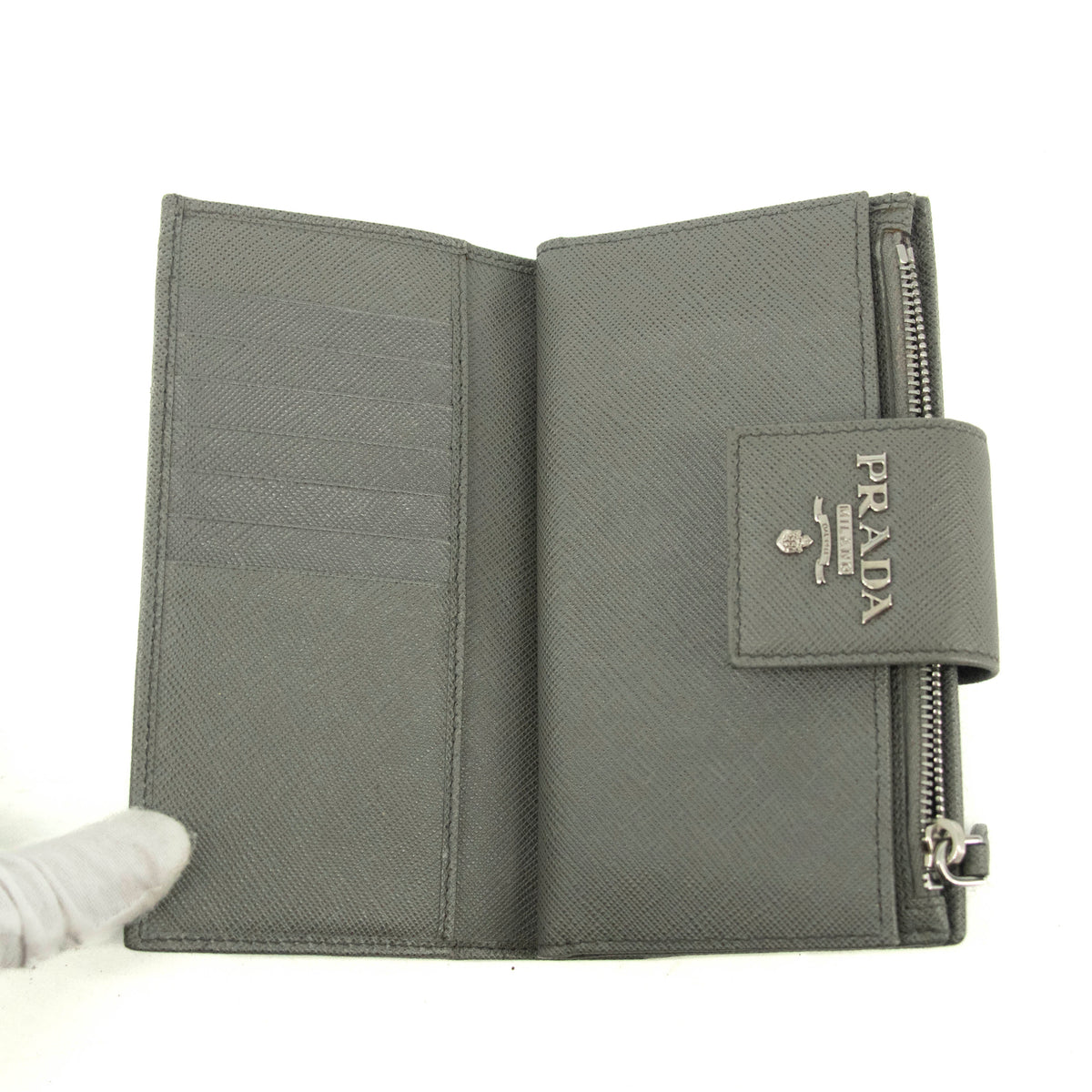 Prada Saffiano Leather Grey Metal Medium Wallet #3918