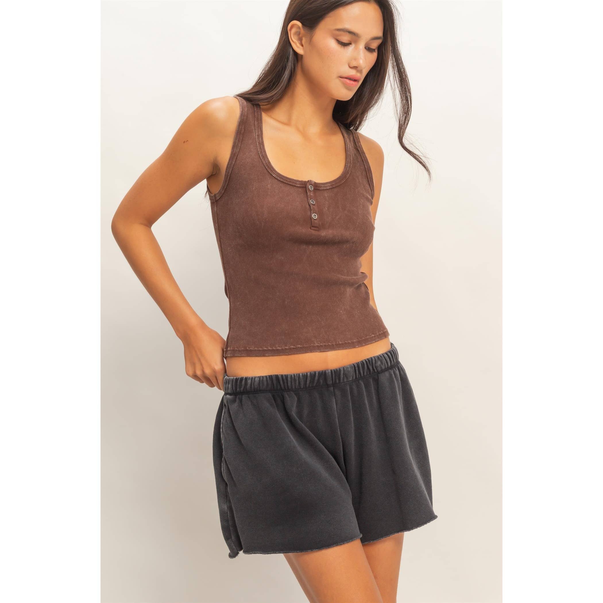 Acid Washed Henley Ribbed Tank Top