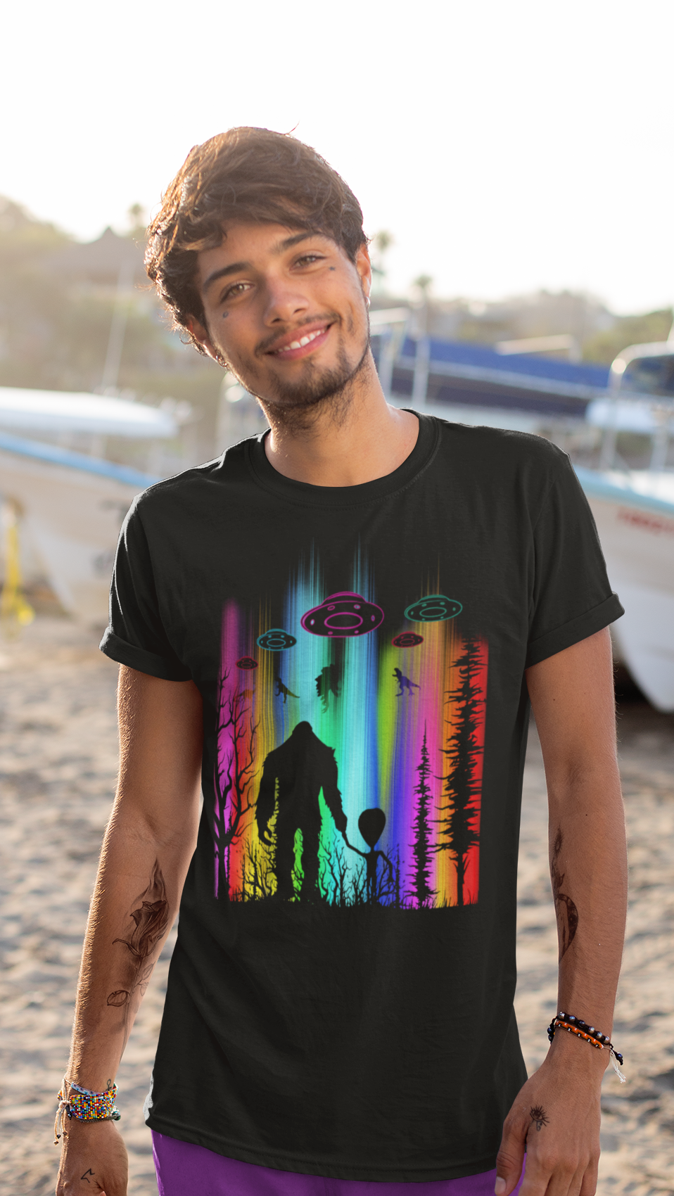 Colorful Night Ufo Alien Bigfoot Tshirt (Black)