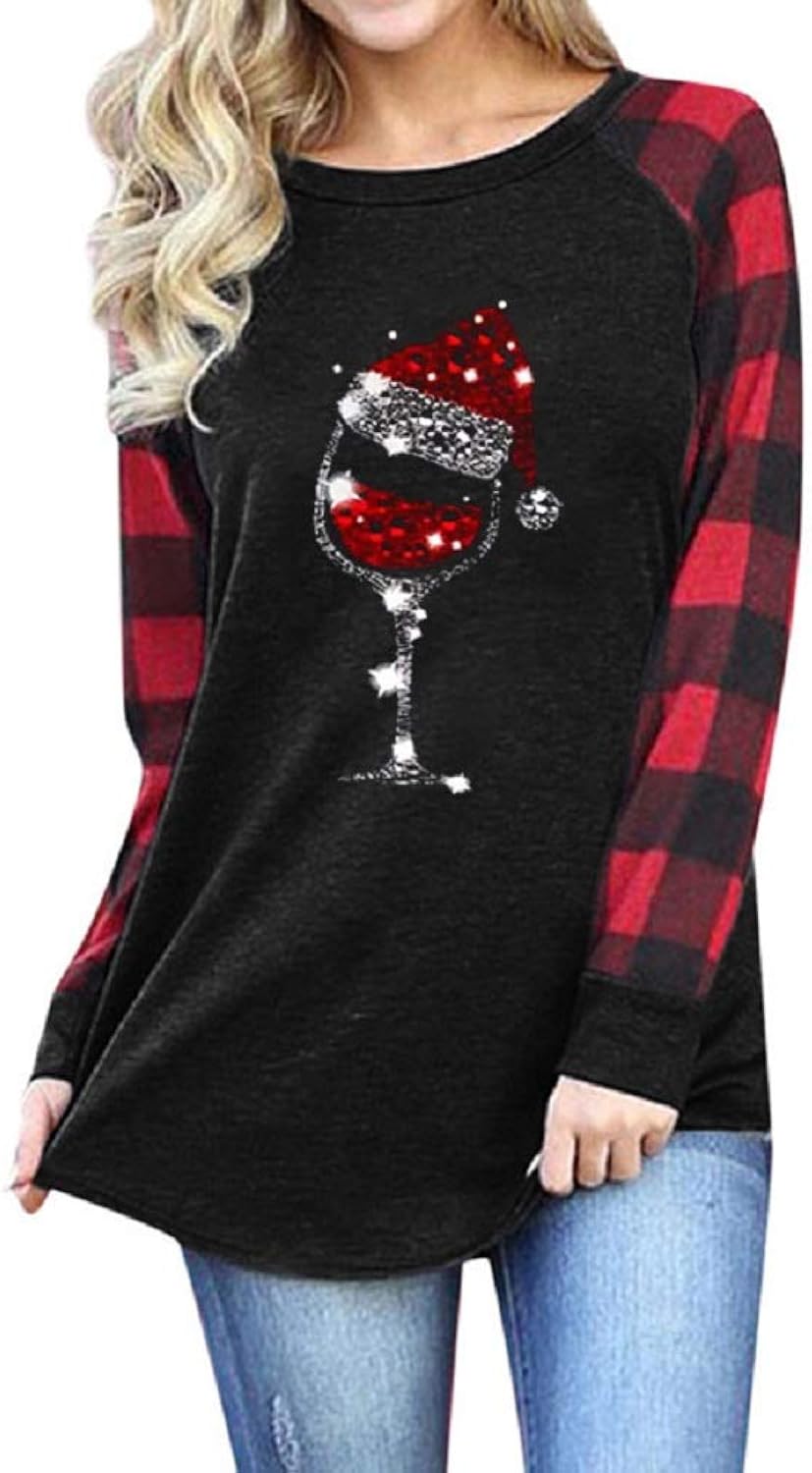 Women's Graphic Printed Raglan Plaid Long Sleeve Casual Pullover Tunic Tops