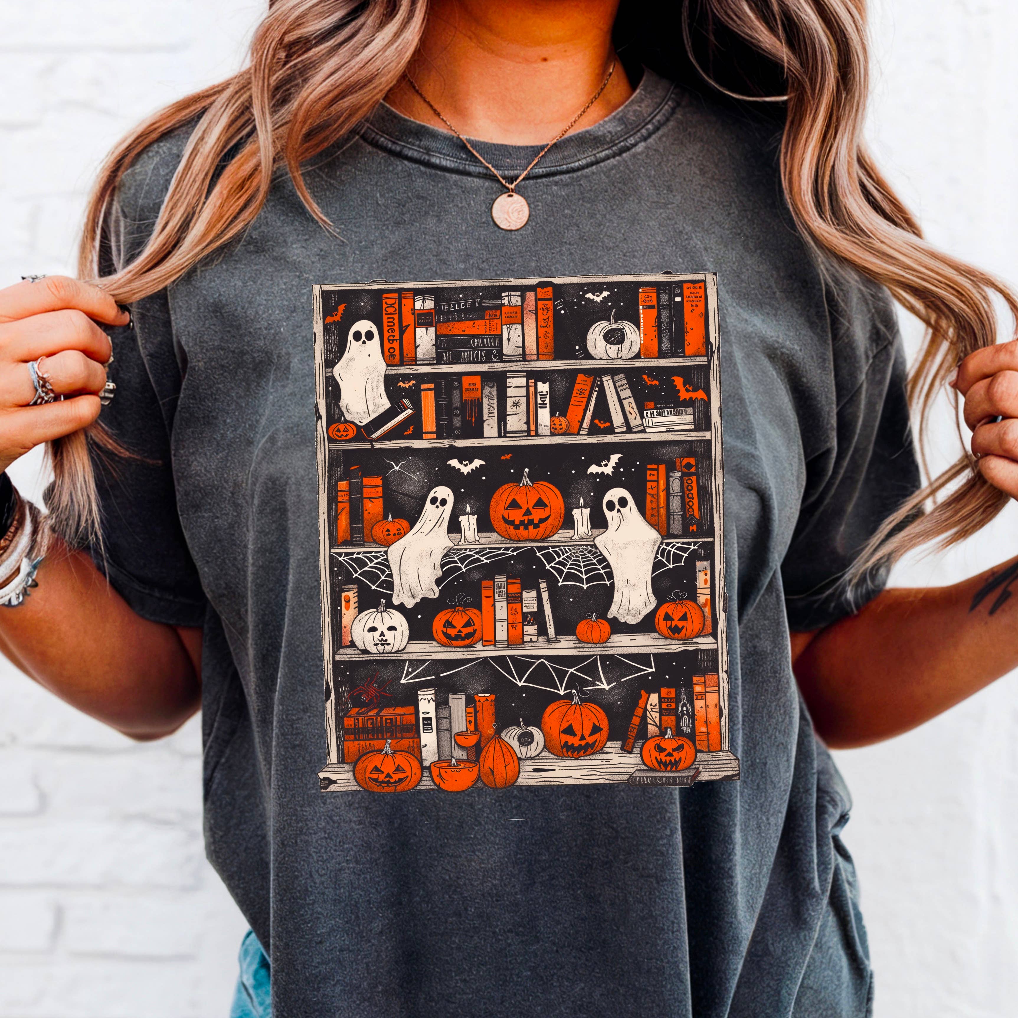 Halloween 2025 Ghost Bookcase Graphic Shirt | Comfort Color