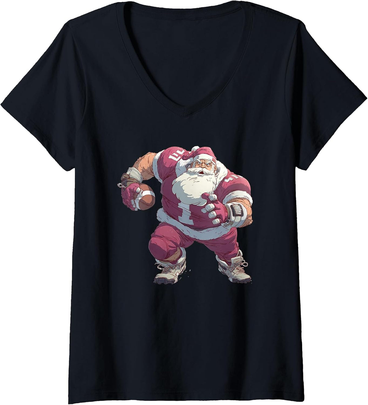 Womens Santa Linebacker Men Kids Boys American Football Christmas V-Neck T-Shirt