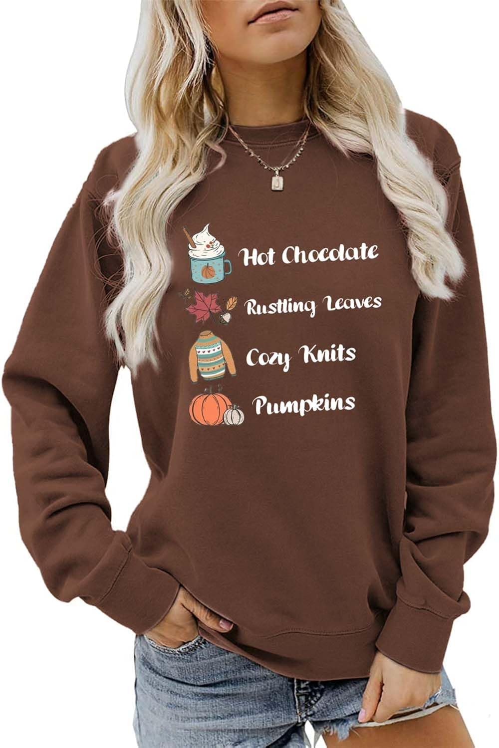 Hello Fall Sweatshirt, Hot Chocolate Rustling Leaves Cozy Knit Pumpkin Shirt for Women Crewneck Autumn Season Sweater