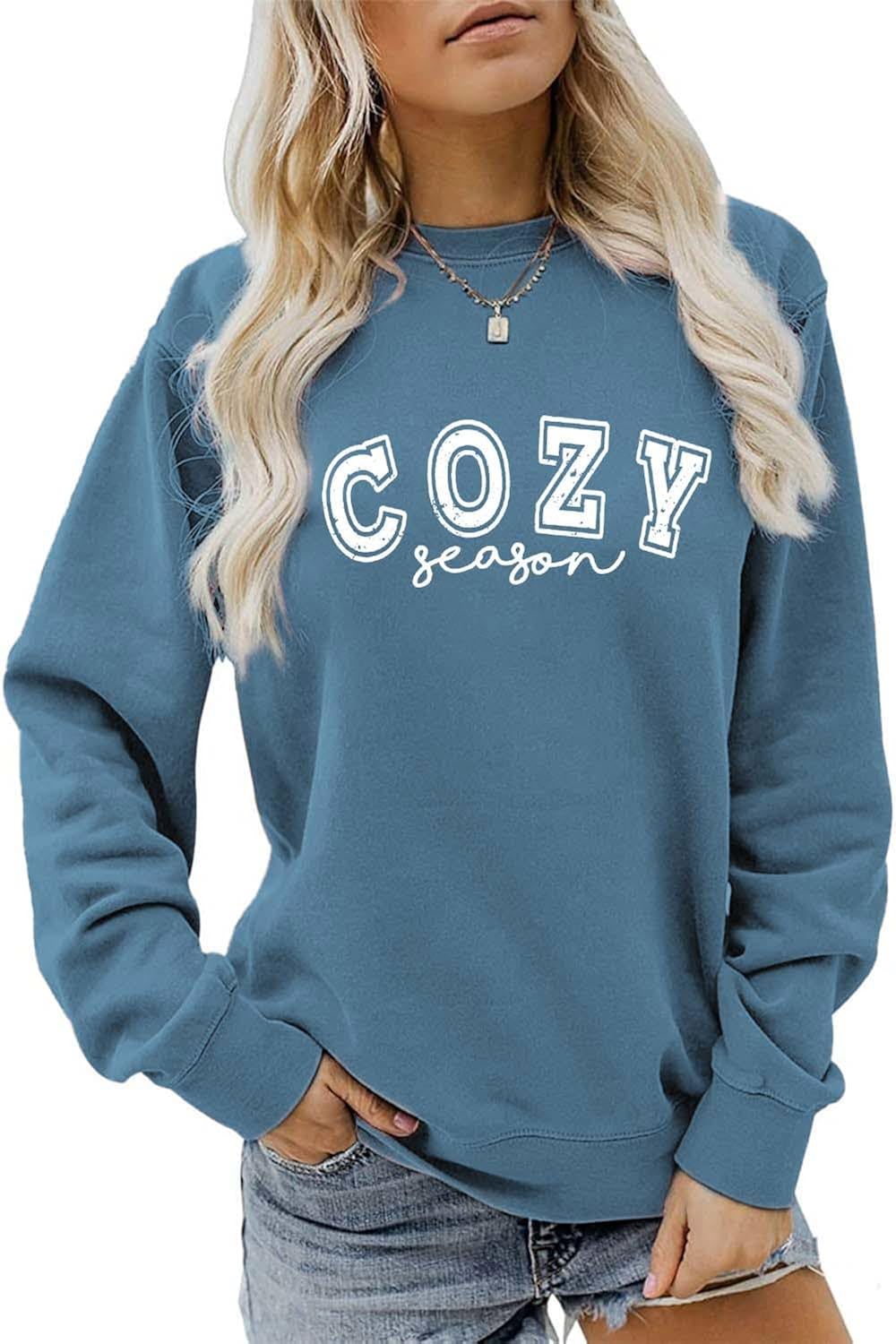 Cozy Season Sweatshirt, Fall Vibes Shirt for Women Comfy Crewneck Autumn Weather Sweater Winter Holiday Pullover Tops