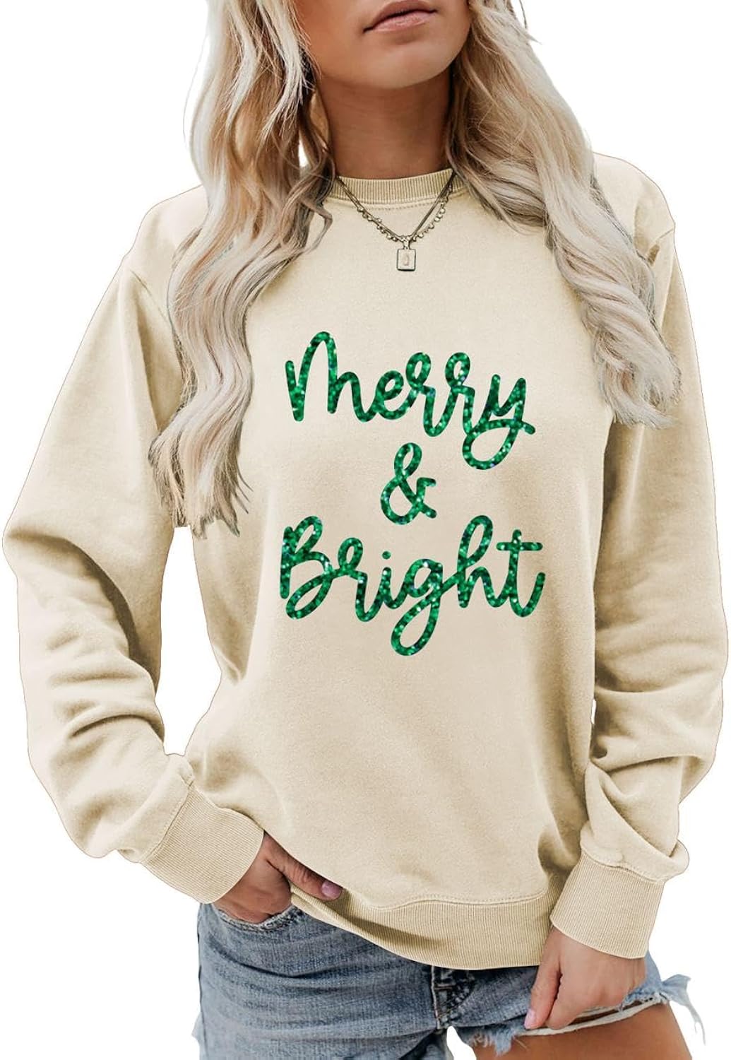 Merry And Bright Letter Printed Sweatshirt Merry Christmas Sweater Women Xmas Holiday Crewneck Long Sleeve Tops