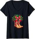 Womens Cowgirl Christmas Western Cowboy Boots V-Neck T-Shirt