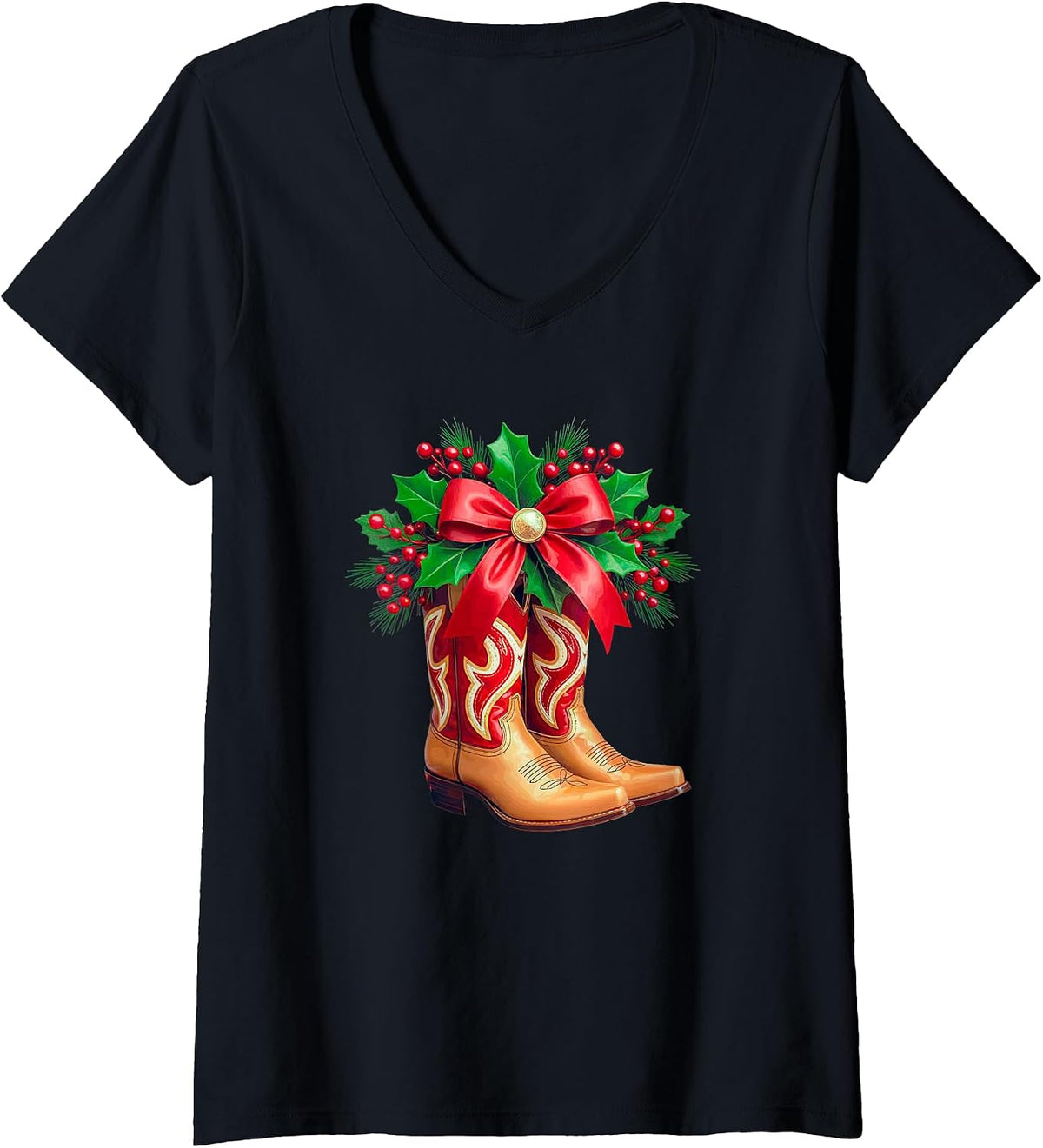 Womens Cowgirl Christmas Western Cowboy Boots V-Neck T-Shirt
