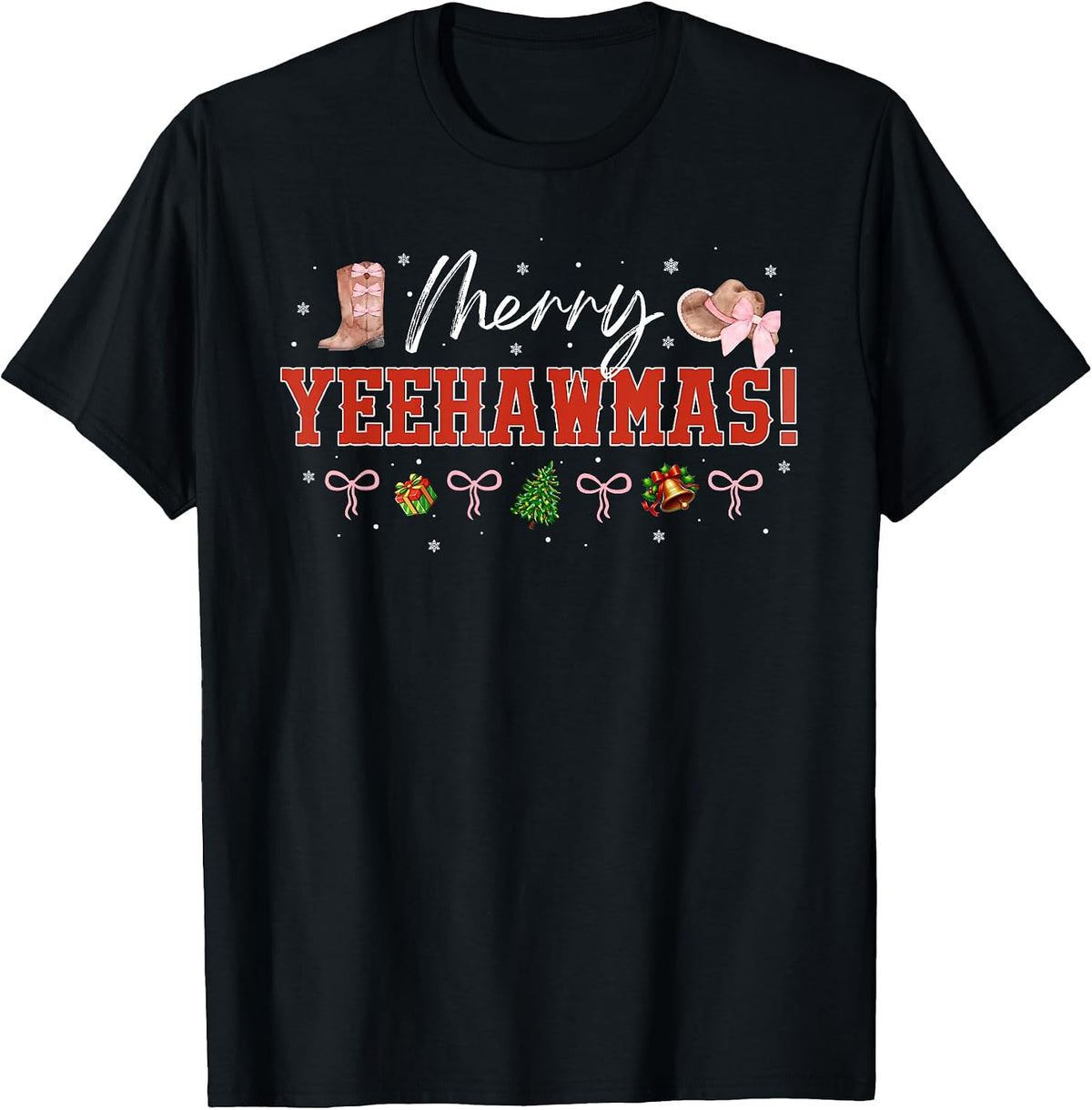 Yeehaw Merry Christmas Cowgirl Western Coquette Pink Bow T-Shirt