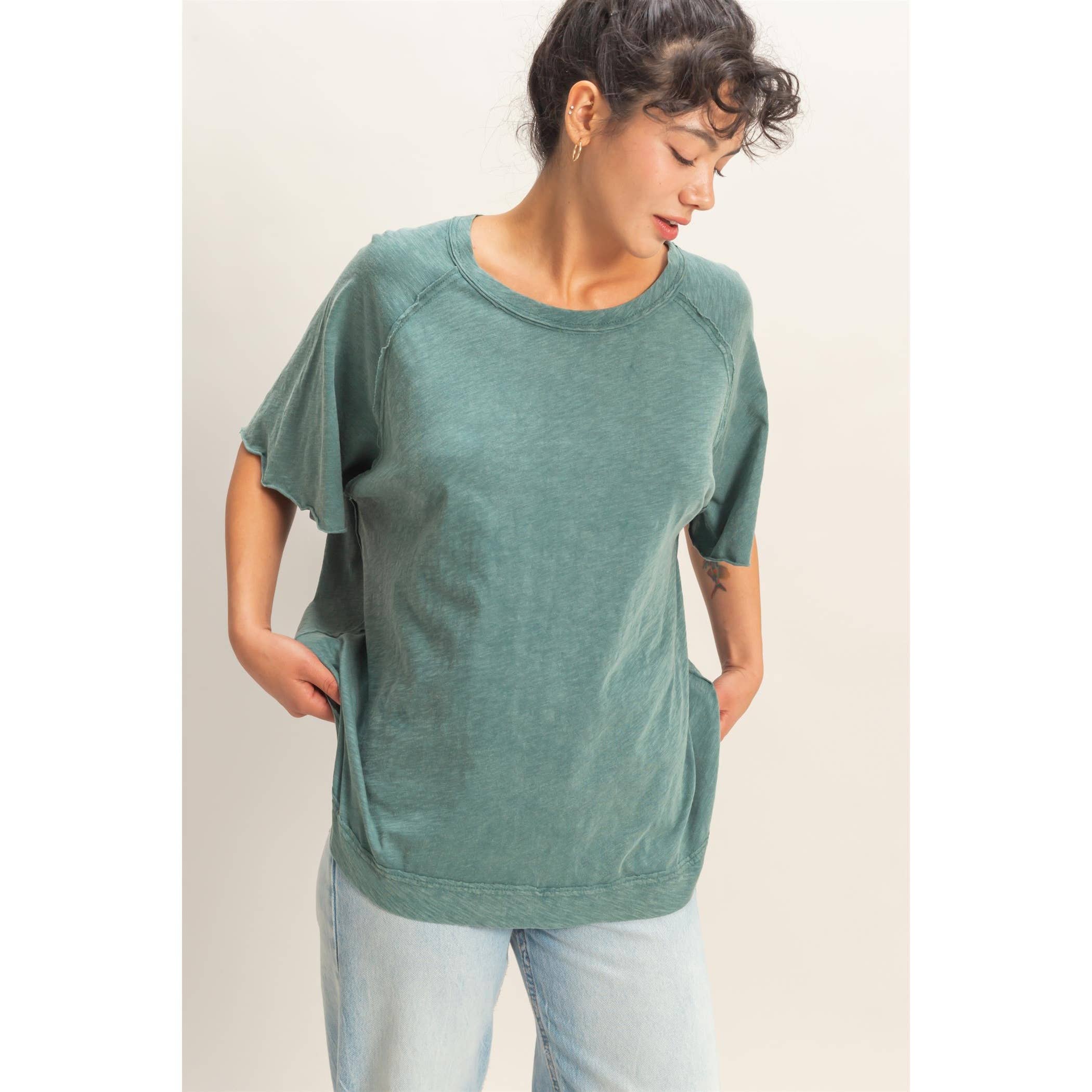Acid Washed Oversized Raw Edges Raglan Tee