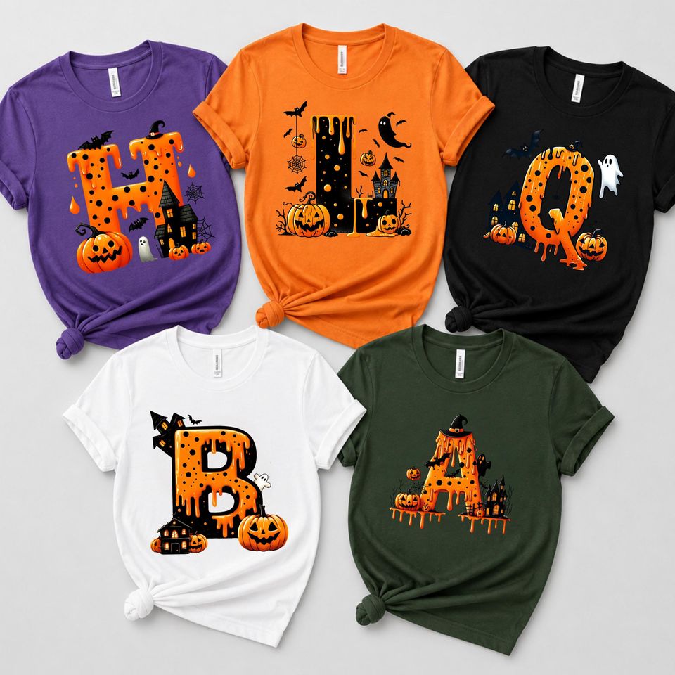 Monogram Halloween Shirt ,Spooky Dripping Initial Sweatshirt, Pumpkin Graphic For Matching Family, Friends Outfit