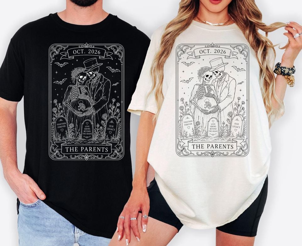 Custom skeleton pregnancy Halloween announcement Couples crewneck Pregnancy Reveal new mom new dad t-shirt parents to be, gender reveal,
