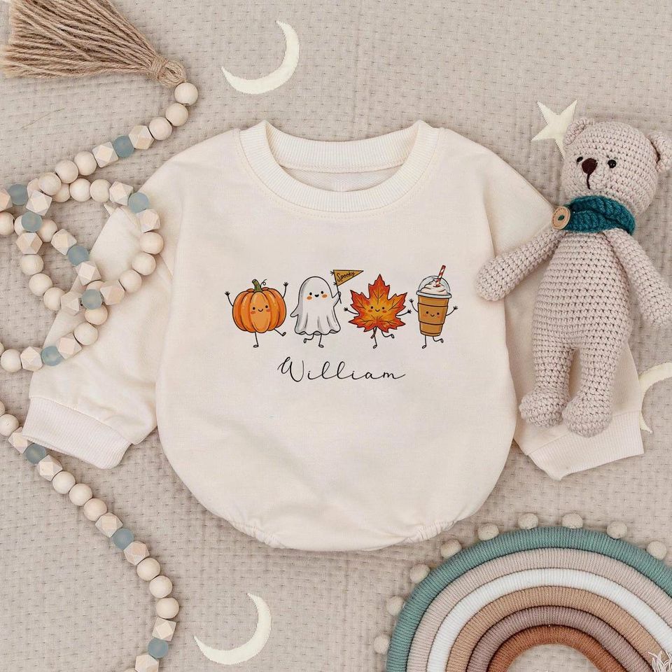 Personalized Halloween Romper Sweatshirt, Pumpkin Ghost Baby Outfit, Fall Baby Pullover, Custom Name Bodysuit, Baby Shower Gift