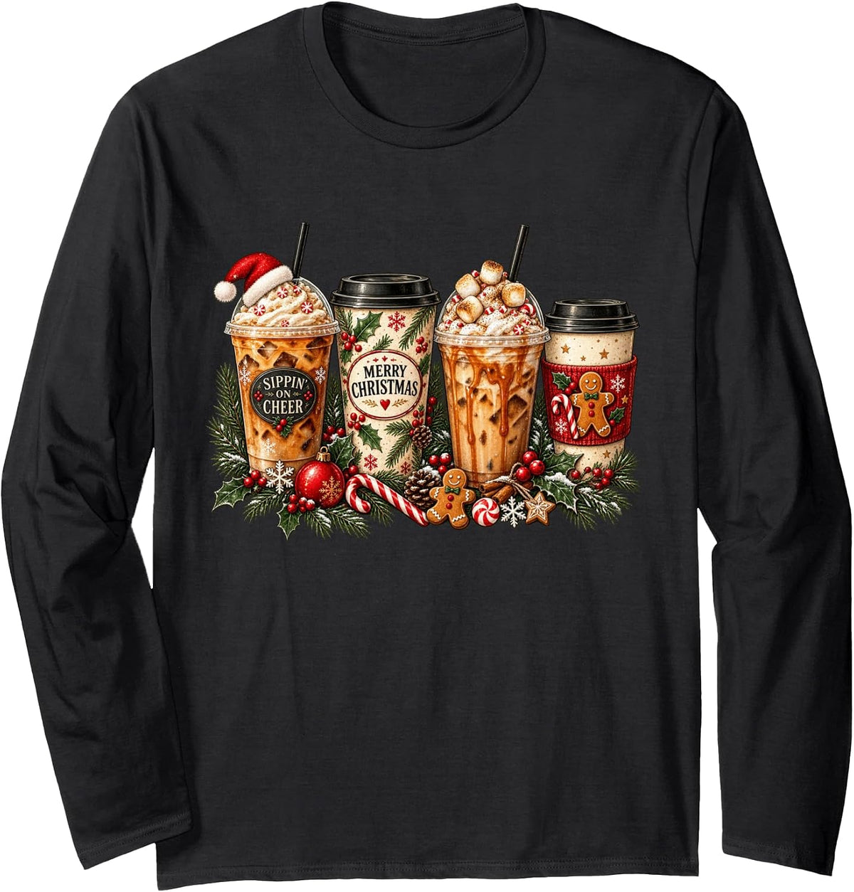 Cozy Christmas Coffee Cups Merry Holiday Drinks Vintage Xmas Long Sleeve T-Shirt