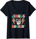 Womens Jingle Bell Rockin' Festive Fun Music Theme V-Neck T-Shirt