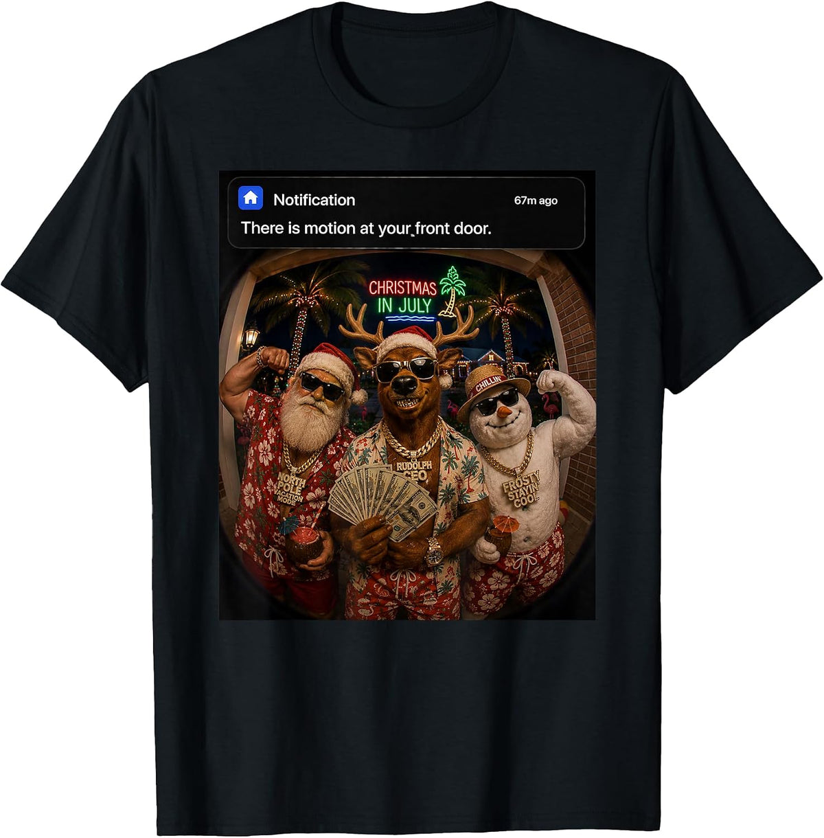 Christmas in July Santa Motion at Front Door Funny Brain Rot T-Shirt