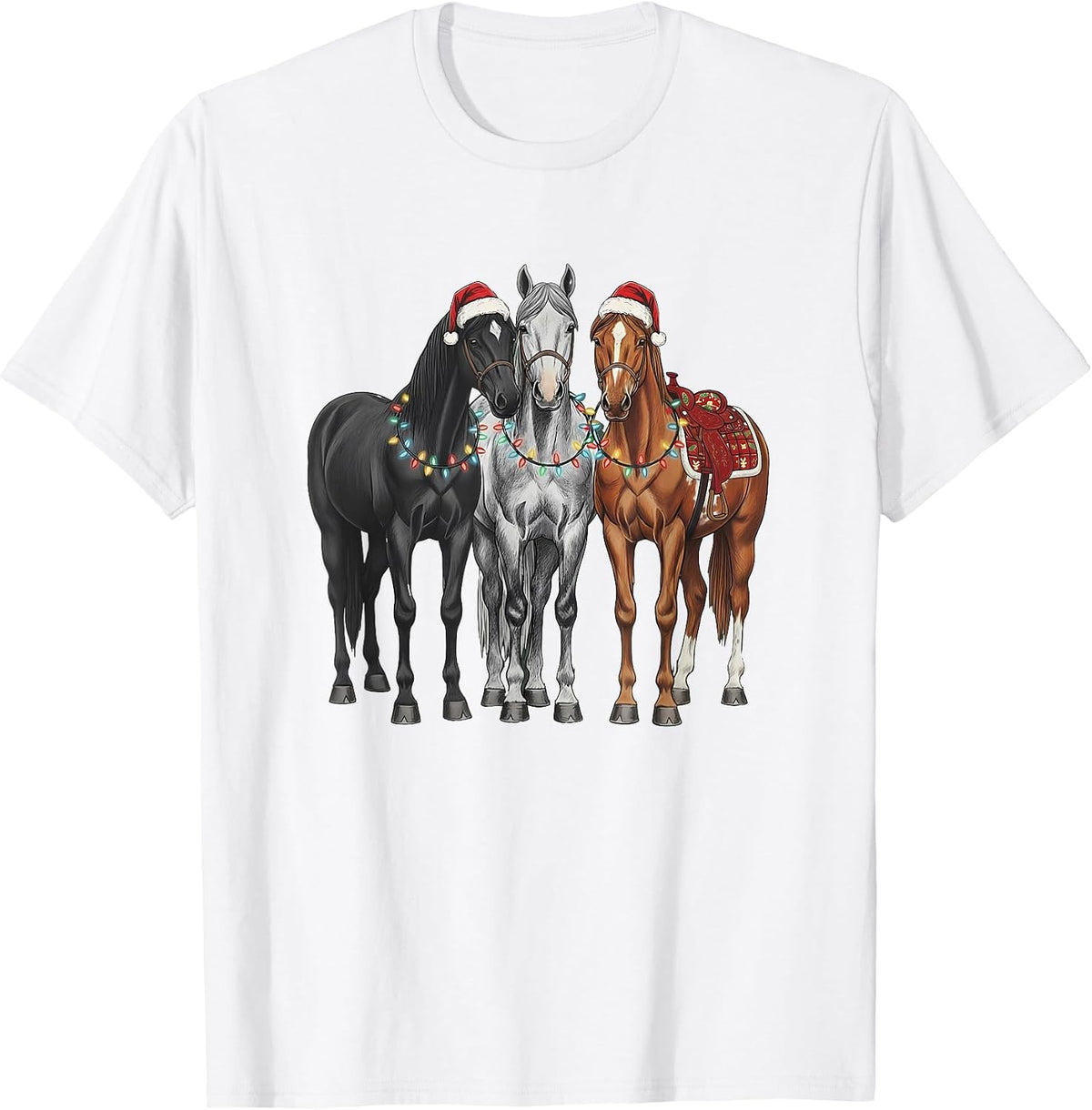 Coquette Xmas Horses, Western Cowgirl Santa Hat & Lights T-Shirt