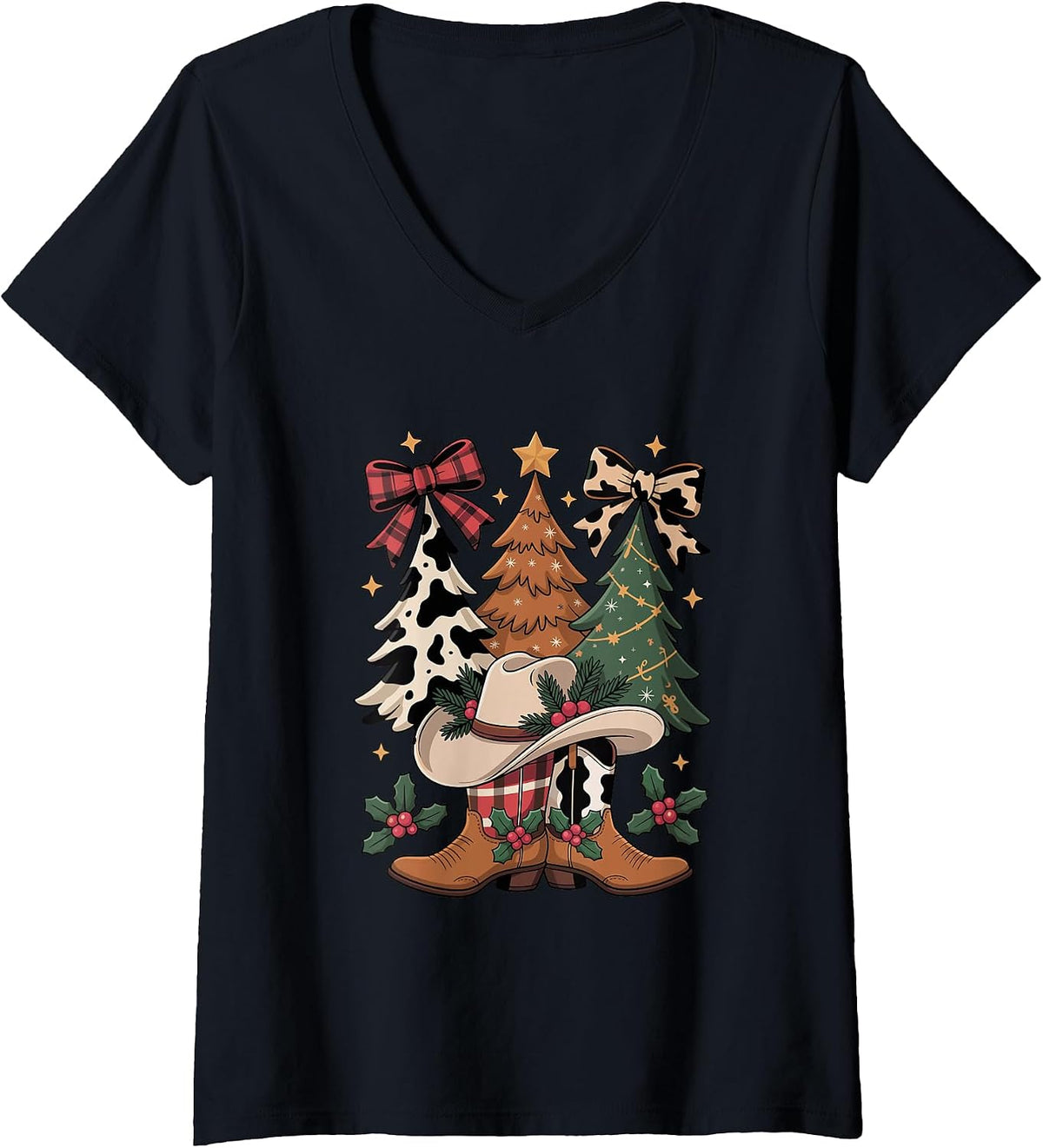 Womens Western Christmas Trees Cowboy Hat Boots Cow Print V-Neck T-Shirt