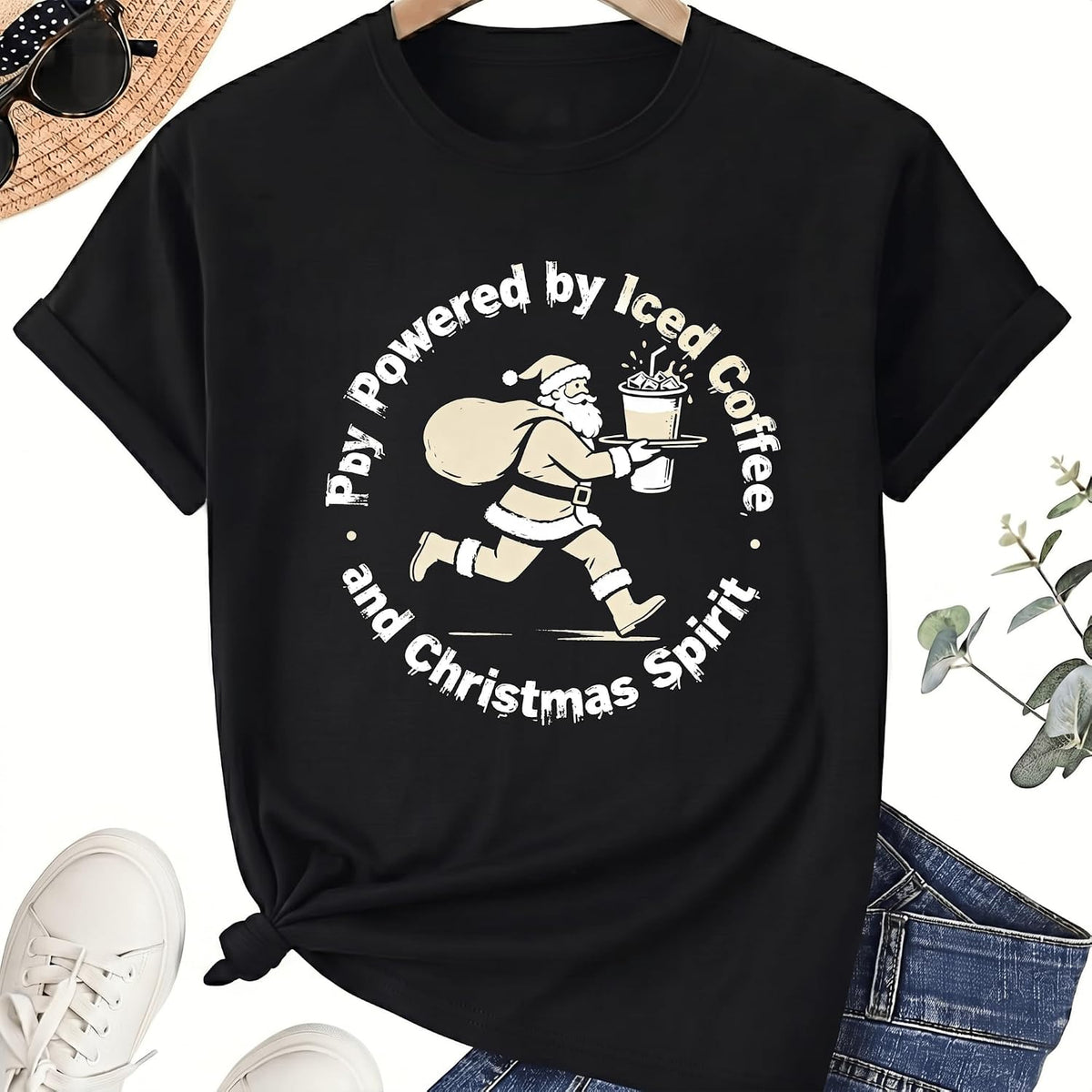 Powered By Iced Coffee and Christmas Spirit T-Shirt, Cool Santa Coffee Graphic Tee