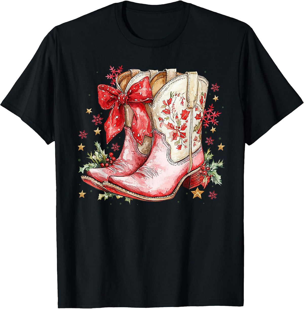 Western Christmas Family Pajamas Bow Cowgirl Cowboy Boots T-Shirt