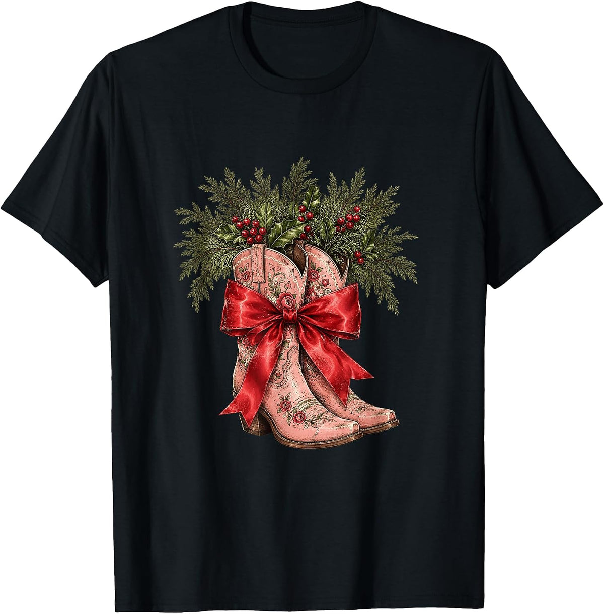Coquette Cowgirl Boots Christmas Vintage Western Holiday tee T-Shirt