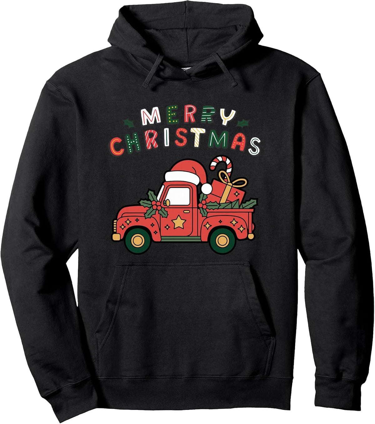 Old Farm Truck Loaded with Christmas Tree and Santa Hat Pullover Hoodie