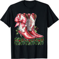 Christmas Pink Cowboy Boots Mistletoe Texas Xmas Cowgirl T-Shirt