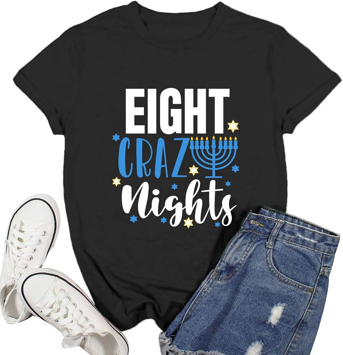 Hanukkah Shirt for Women Jewish Chanukah T-Shirt Eight Crazy Lights Tee Happy Hanukkah Tops