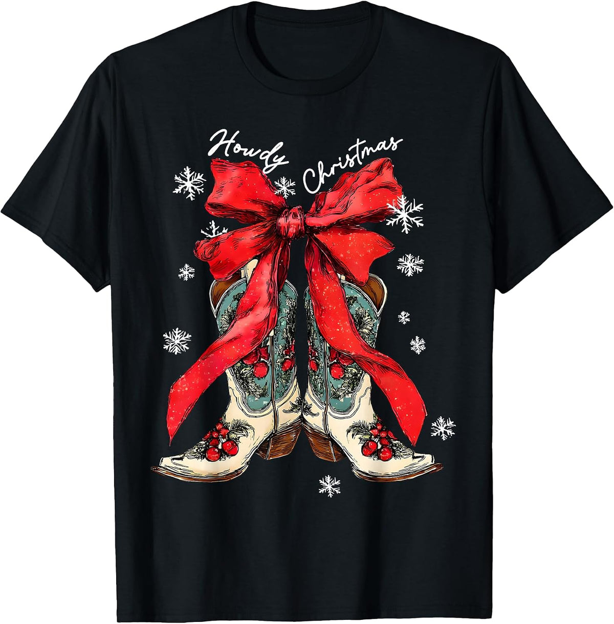 Retro Howdy Christmas Xmas Cowboy Boots Coquette Bow Western T-Shirt