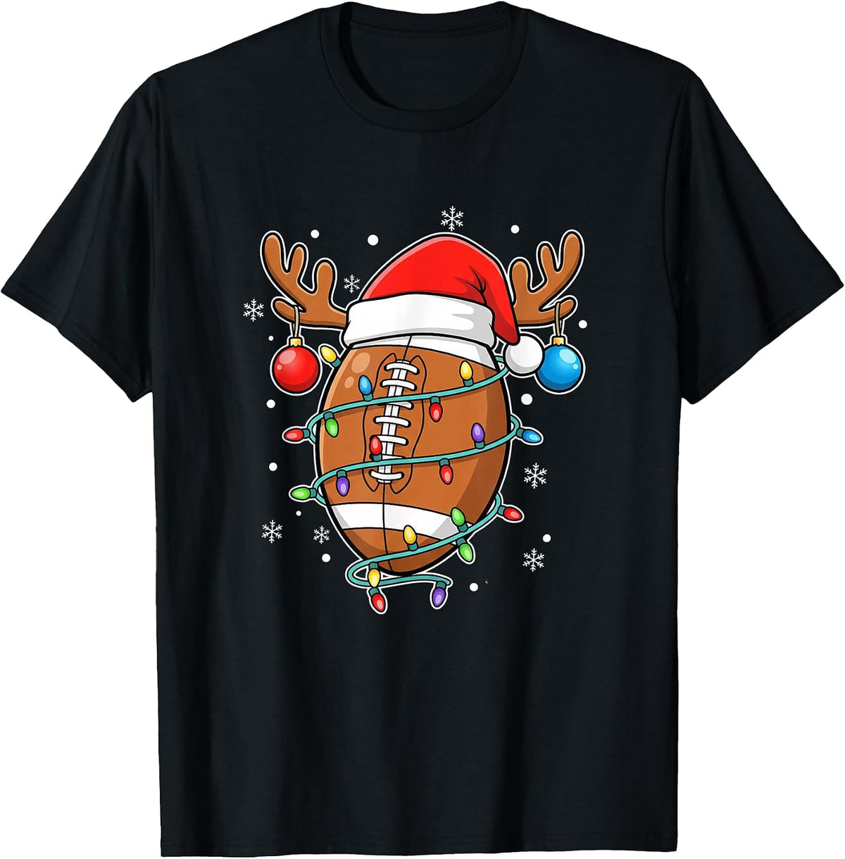 Christmas Football Santa Hat Reindeer Antlers Xmas LightsMen T-Shirt