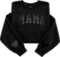 Embroidered Glitter Mama Sweatshirt With Heart On Sleeve, Women's Black Oversized Pullover For Mom Mothers Day