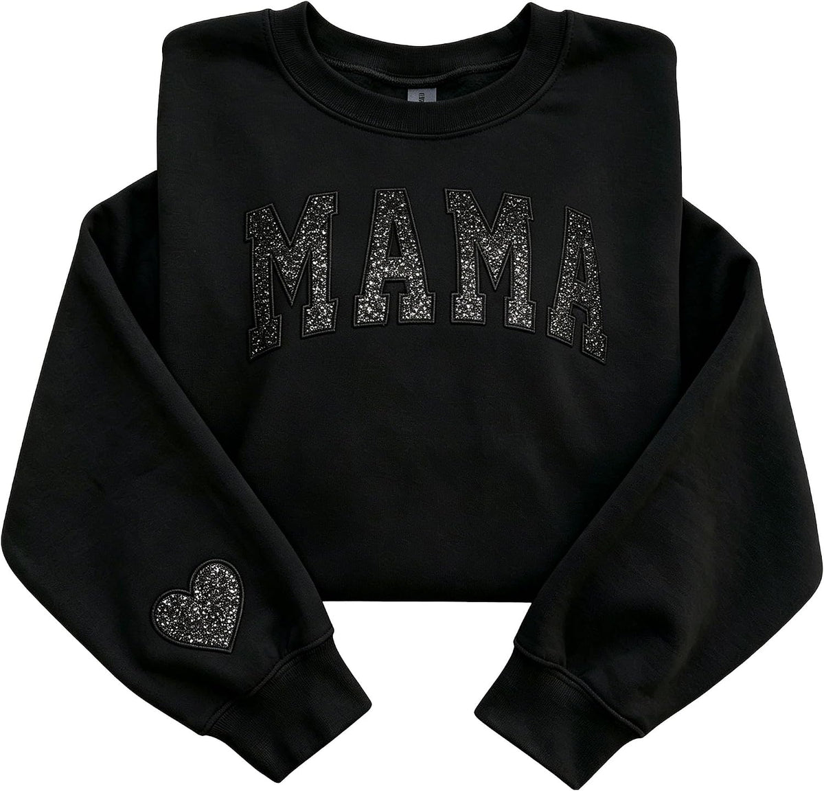 Embroidered Glitter Mama Sweatshirt With Heart On Sleeve, Women's Black Oversized Pullover For Mom Mothers Day