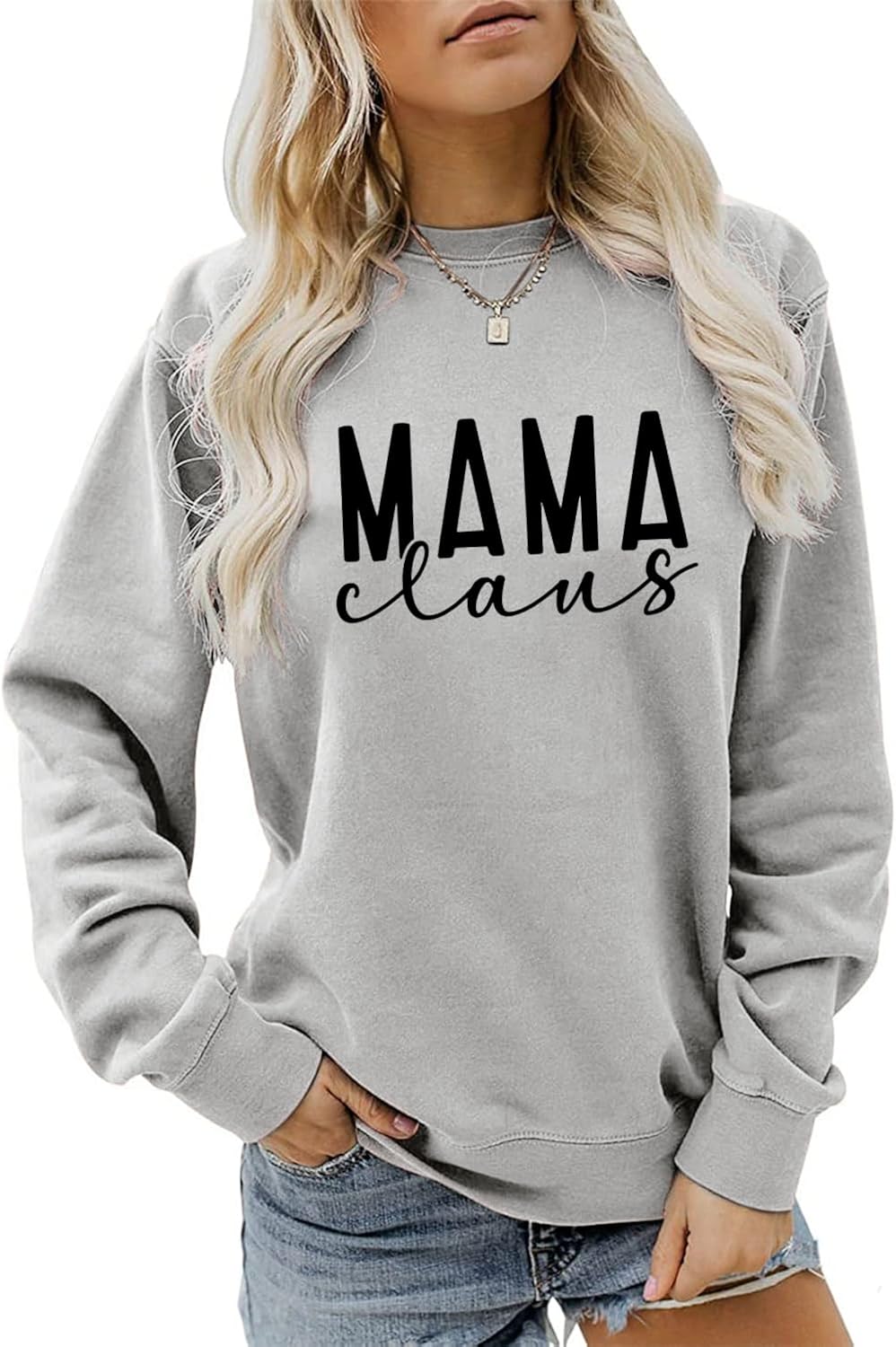 Mama Claus Sweatshirt, Merry Mama Xmas Sweater for Women Casual Crewneck Pullover Tops Funny Christmas Shirt Mom Gift