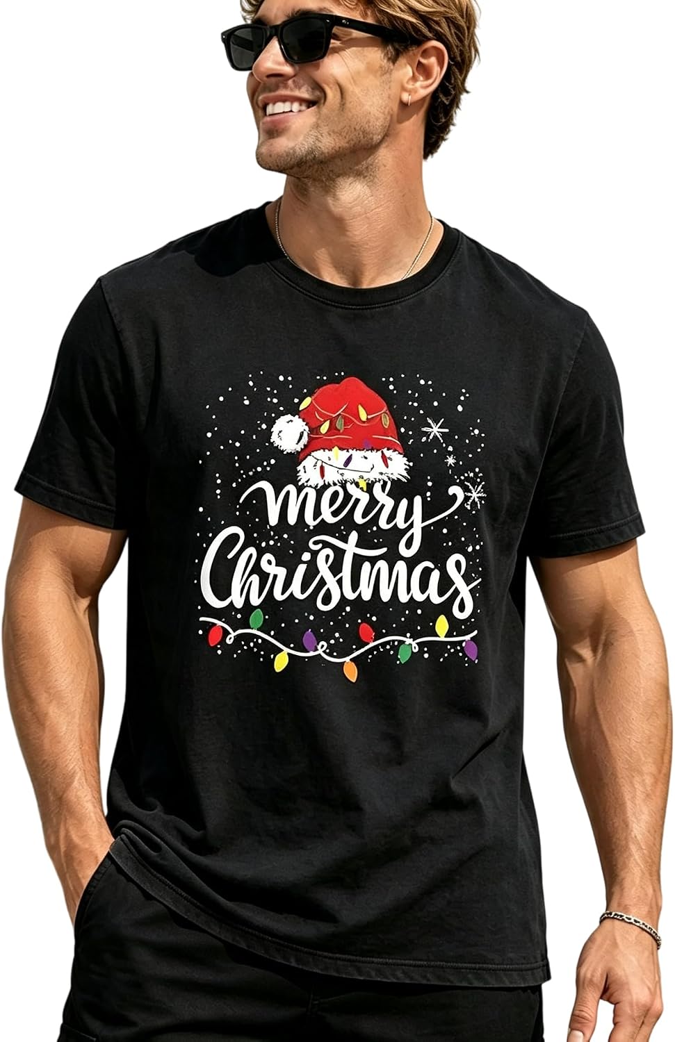 Merry Christmas Gnome Holiday Lights Snow Festive Graphic Short Sleeve T‑Shirt