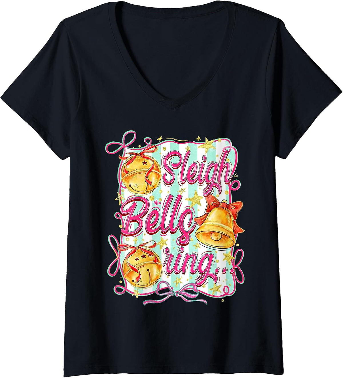 Womens Sleigh Bells Ring Christmas Design for Girls V-Neck T-Shirt