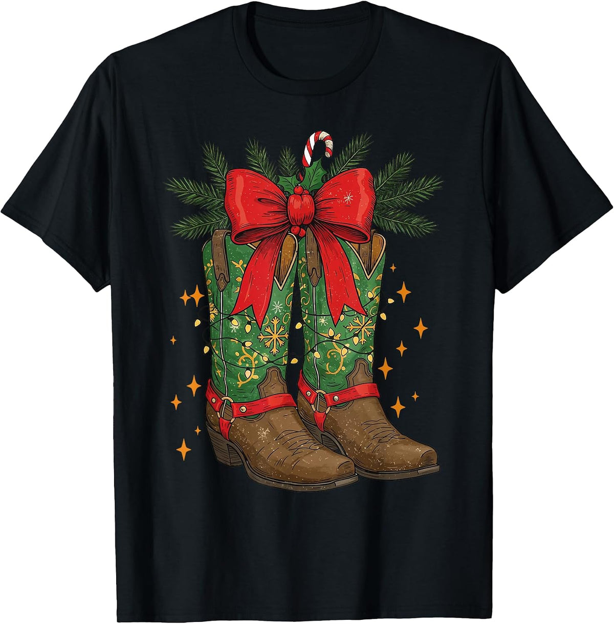 Christmas Cowgirl Boots Cowboy Western Coquette Bow Xmas T-Shirt