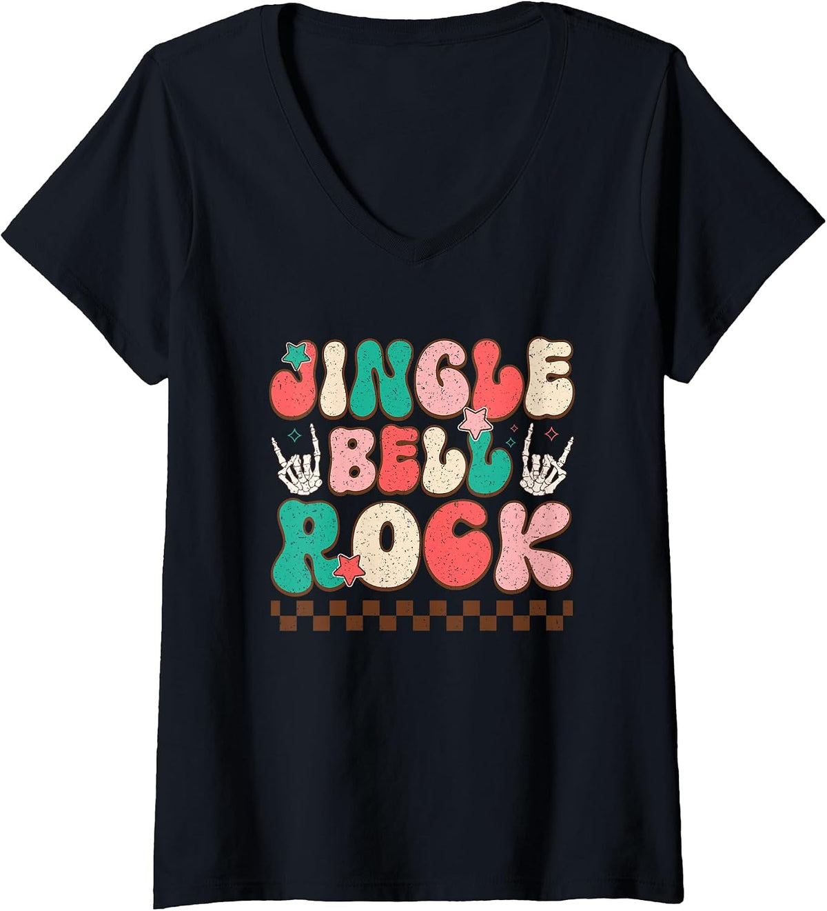 Womens Jingle Bell Rock Retro Holiday Cheer Fun V-Neck T-Shirt