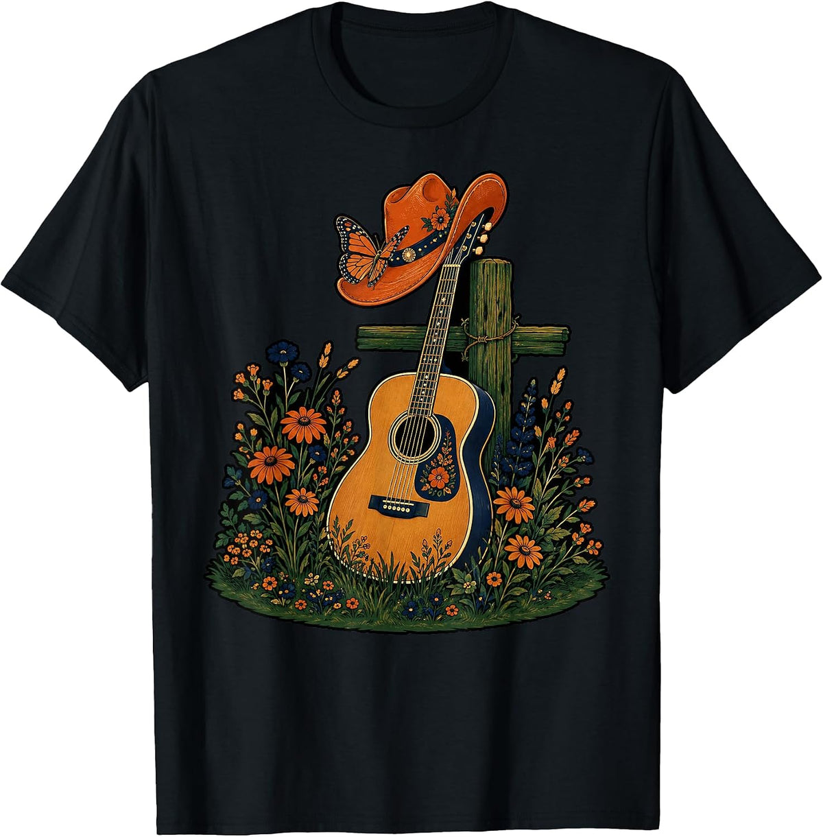 Country Girls Butterfly Guitar Western Cross Christian Faith T-Shirt