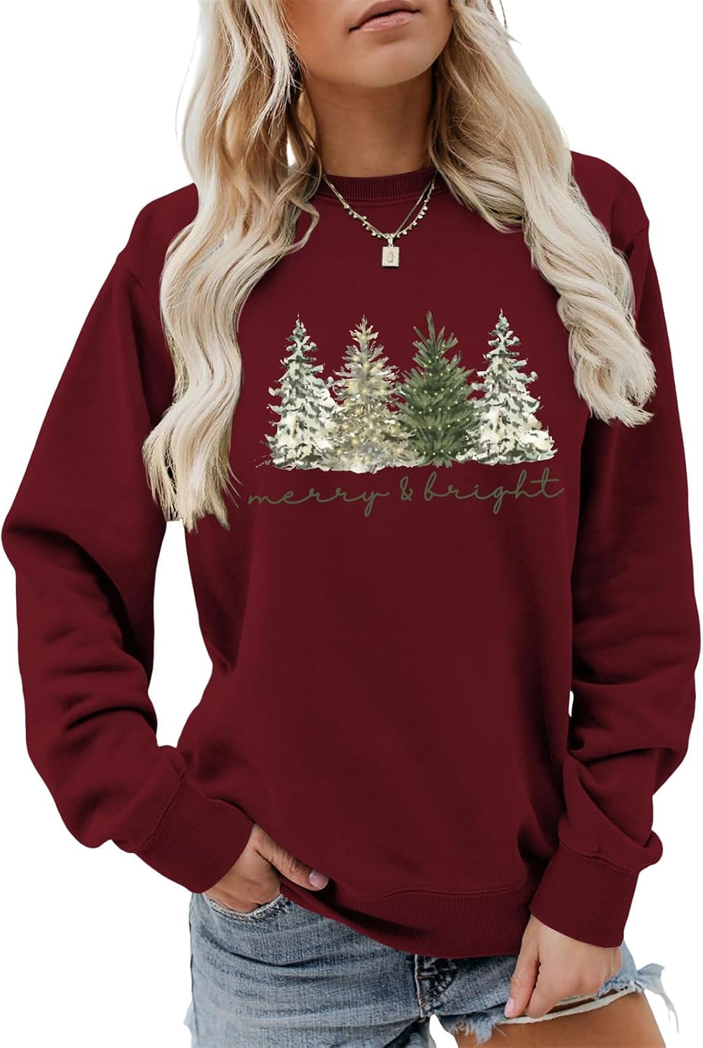Merry and Bright Sweatshirt, Merry Christmas Sweater Christmas Tree Lights Shirt Women Crewneck Xmas Pullover Tops