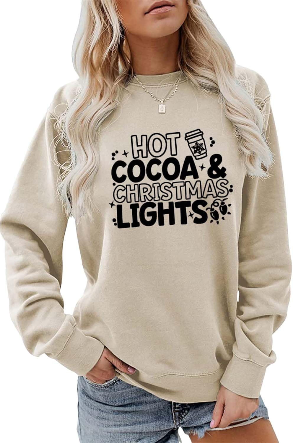 Hot Cocoa and Christmas Lights Sweatshirt, Cozy Season Sweater Women Winter Holiday Pullovers Christmas Vibes Shirt