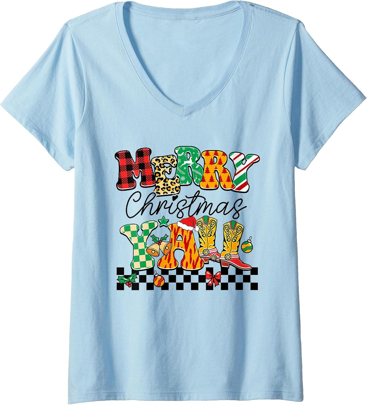 Womens Merry Christmas Y'all Western Cowgirl Holiday Boots V-Neck T-Shirt