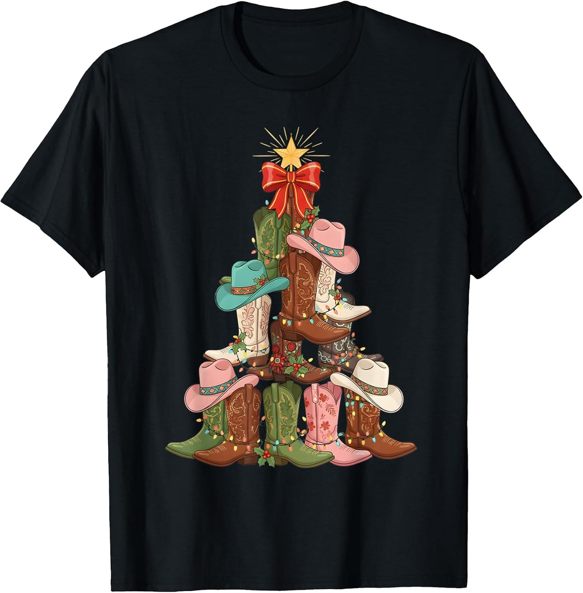 Howdy Christmas Tree Western Cowgirl Boots Xmas Lights T-Shirt