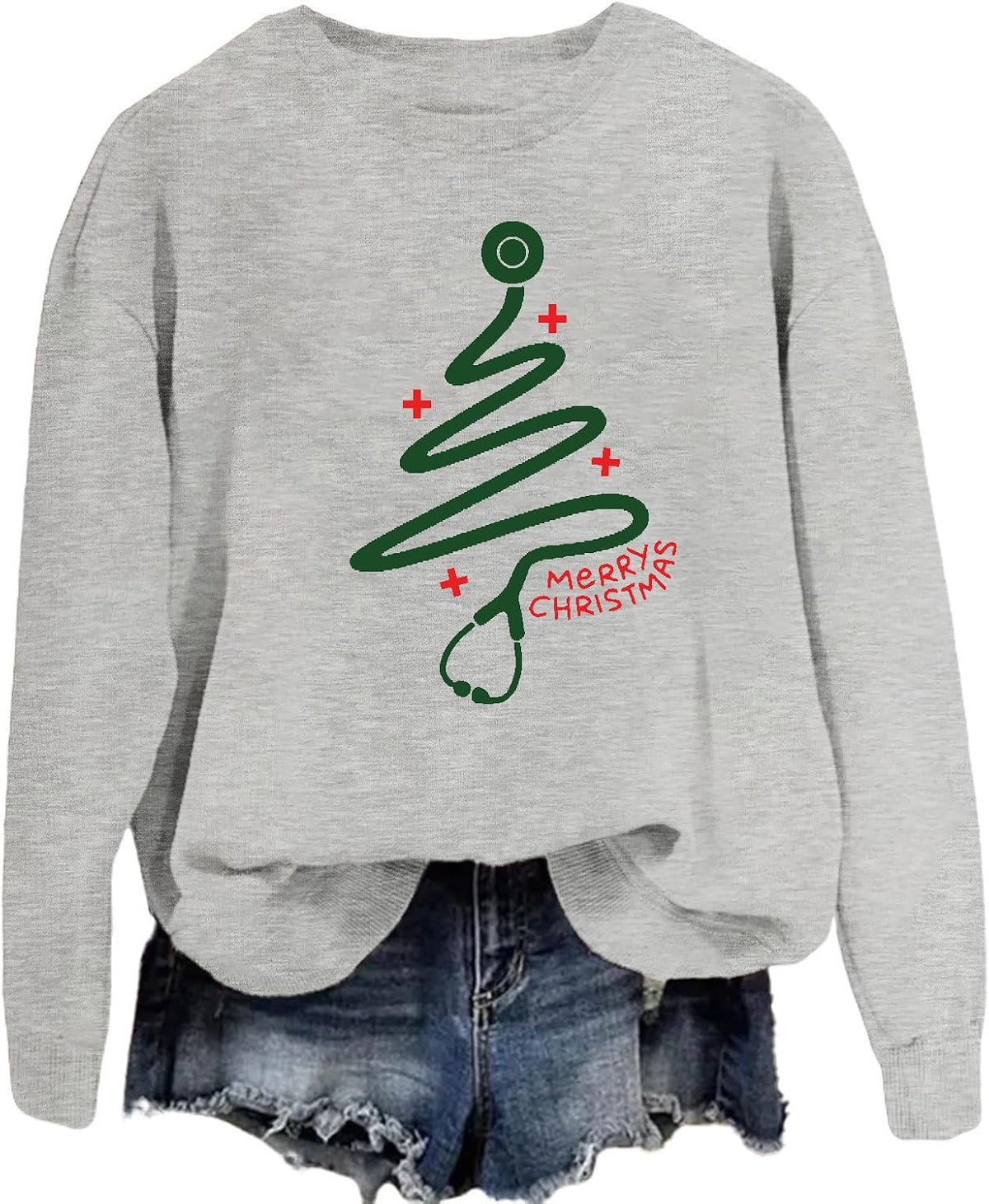 Womens Christmas Tree Stethoscope Sweatshirt Nurse Merry Christmas Holidays Crewneck Pullover Tops Xmas Shirt