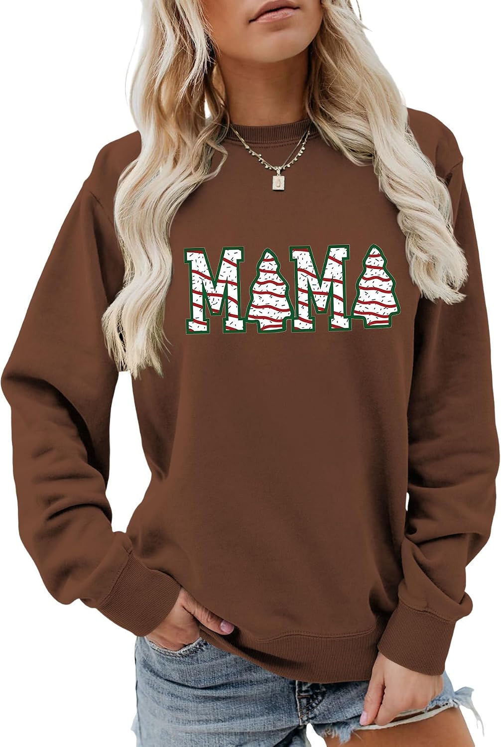 Christmas Tree Sweatshirt For Women MAMA Print Long Sleevert Cute Graphic Sweater Shirt Xmas Crewneck Pullover Tops