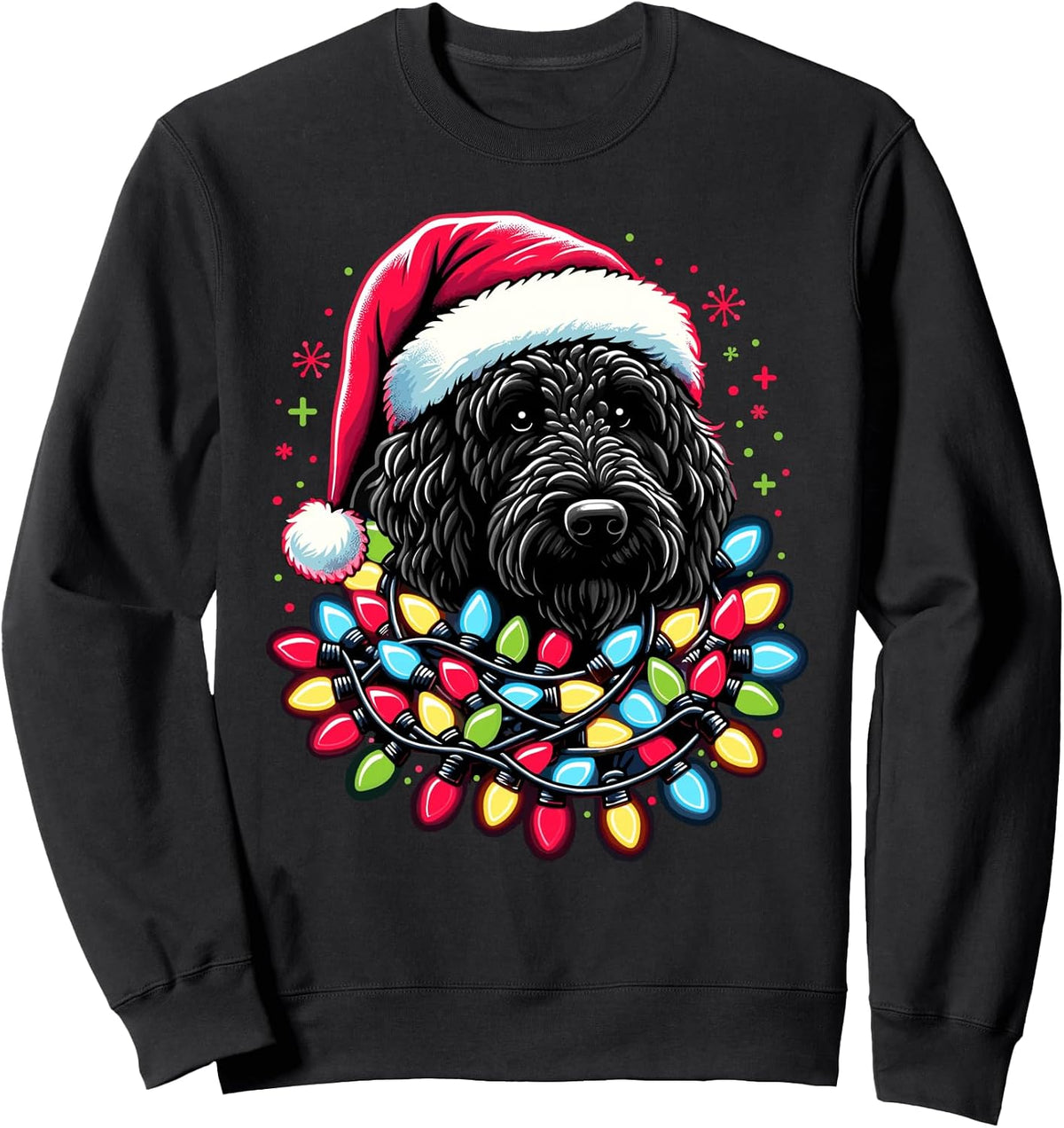 Black Labradoodle Christmas Lights Santa Hat Dog Lovers Sweatshirt
